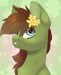 Size: 3528x4320 | Tagged: safe, artist:elektra-gertly, imported from derpibooru, oc, oc:delta hooves, pegasus, pony, bust, flower, flower in hair, looking at you, portrait, solo