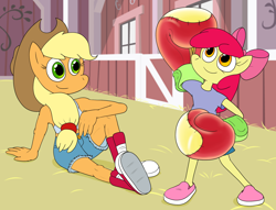 Size: 1920x1468 | Tagged: safe, artist:strangefacts101, imported from derpibooru, apple bloom, applejack, anthro, earth pony, barn, boxing gloves, clothes, converse, shoes, shorts
