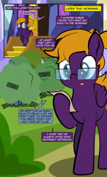 Size: 1920x3168 | Tagged: safe, artist:alexdti, imported from derpibooru, oc, oc only, oc:purple creativity, pegasus, pony, unicorn, comic:quest for friendship, bush, comic, dialogue, female, folded wings, glasses, high res, hoof hold, hooves, horn, mare, onomatopoeia, open mouth, open smile, outdoors, paper, pegasus oc, raised hoof, reading, shadow, smiling, solo, speech bubble, standing, twilight's castle, wings