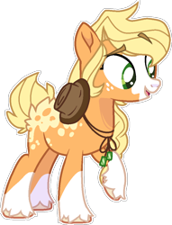 Size: 727x952 | Tagged: safe, artist:rickysocks, imported from derpibooru, applejack, earth pony, pony, alternate hairstyle, coat markings, dappled, eyebrows, eyebrows visible through hair, facial markings, female, freckles, full body, hat, hooves, mare, open mouth, open smile, outline, raised eyebrow, raised hoof, simple background, smiling, socks (coat markings), solo, standing, transparent background, unshorn fetlocks, white outline