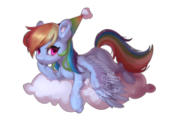 Size: 4960x3507 | Tagged: safe, alternate version, artist:rikadiane, imported from derpibooru, rainbow dash, pegasus, pony, cloud, colored ear fluff, ear fluff, female, full body, hat, hoof on cheek, looking at you, mare, multicolored hair, on a cloud, party hat, rainbow hair, rainbow hat, signature, simple background, smiling, solo, spread wings, transparent background, wings