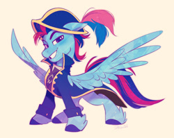Size: 2699x2150 | Tagged: safe, artist:imalou, imported from derpibooru, oc, oc only, oc:andrew swiftwing, oc:swift sail, pegasus, pony, alternate universe, clothes, coat, fantasy class, feather, hat, looking at you, male, smug, solo, spread wings, stallion, wings