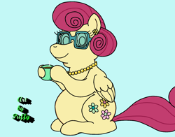 Size: 2134x1677 | Tagged: safe, artist:puffydearlysmith, imported from derpibooru, posey shy, pegasus, pony, coffee, coffee mug, double chin, fat, female, glasses, jewelry, looking at you, mare, mug, necklace, signature, smiling