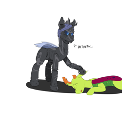 Size: 3000x2800 | Tagged: safe, artist:apuljack, imported from derpibooru, thorax, oc, oc:captain black lotus, changedling, changeling, pony, robot, robot pony, king thorax, simple background, tongue out, white background, x eyes