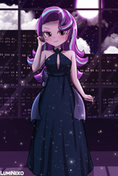 Size: 750x1125 | Tagged: safe, artist:lumineko, imported from derpibooru, starlight glimmer, human, equestria girls, adorasexy, bare shoulders, beautiful, black dress, blushing, boob window, city, cityscape, clothes, cute, dress, eyebrows, eyebrows visible through hair, full moon, glimmerbetes, little black dress, looking at you, moon, night, sexy, signature, sleeveless, smiling, smiling at you, solo, window