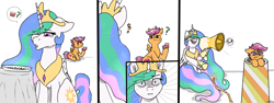 Size: 2400x900 | Tagged: safe, artist:puffluna8, imported from derpibooru, princess celestia, scootaloo, alicorn, pegasus, pony, cake, cakelestia, cannon, comic, crown, cute, duo, duo female, female, filly, foal, food, fuse, jewelry, mare, megaphone, pony cannonball, regalia, scared, this will end in death, this will end in tears, this will end in tears and/or a journey to the moon, this will end in tears and/or death, to the moon, trollestia, tyrant celestia