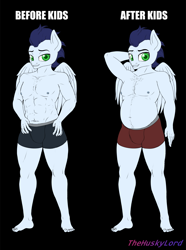 Size: 2919x3919 | Tagged: safe, artist:thehuskylord, imported from derpibooru, soarin', anthro, pegasus, plantigrade anthro, before and after, bhm, briefs, chest hair, clothes, dad bod, fat, feet, looking at you, male, male nipples, muscles, nipples, smiling, solo, underwear, weight gain