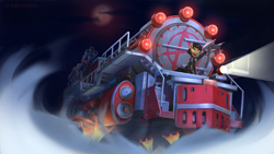 Size: 3821x2149 | Tagged: safe, artist:foxpit, imported from derpibooru, oc, oc only, pony, unicorn, anarchy symbol, armor, cannon, clothes, flying train, horn, locomotive, male, moon, night, night sky, rotary cannon, searchlight, sitting, sky, solo, train, unicorn oc