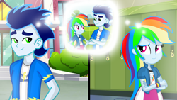 Size: 1280x720 | Tagged: safe, artist:mlplary6, imported from derpibooru, rainbow dash, soarin', human, equestria girls, canterlot high, equestria girls-ified, female, male, shipping, smiling, soarindash, straight, student, thinking