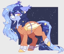 Size: 1024x866 | Tagged: safe, artist:cheekipone, imported from derpibooru, oc, oc:moonshine, bat pony, pony, bat pony oc, bound wings, chains, clothes, commission, cuffed, cuffs, ethereal mane, never doubt rainbowdash69's involvement, prison outfit, solo, starry mane, wings