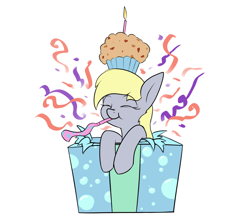 Size: 1600x1400 | Tagged: safe, artist:rocket-lawnchair, imported from derpibooru, derpy hooves, pegasus, pony, birthday candles, box, candle, confetti, cute, derpabetes, eyes closed, female, food, mare, mouth hold, muffin, noisemaker, party horn, pony in a box, present, simple background, solo, white background