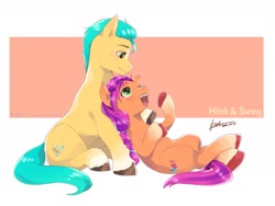 Size: 2048x1536 | Tagged: safe, artist:ku_rimo, imported from derpibooru, hitch trailblazer, sunny starscout, earth pony, pony, duo, female, g5, heart, japanese, looking at each other, looking at someone, looking down, looking up, male, mare, open mouth, shipping, simple background, stallion, straight, sunnyhitch, underhoof, white background