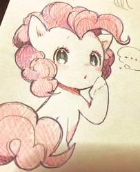 Size: 1660x2048 | Tagged: safe, artist:ku_rimo, imported from derpibooru, pinkie pie, earth pony, pony, ..., female, looking at you, mare, raised hoof, solo, thought bubble, traditional art