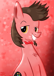 Size: 2480x3508 | Tagged: safe, artist:mrkat7214, imported from derpibooru, oc, oc only, oc:ace play, earth pony, pony, alternate hairstyle, bowtie, chest fluff, dreamworks face, earth pony oc, facial hair, goatee, grin, high res, looking at you, male, signature, sitting, smiling, smiling at you, solo, sparkling smile, stallion