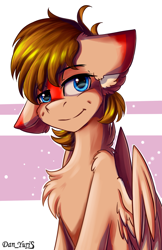 Size: 1592x2452 | Tagged: safe, artist:yuris, imported from derpibooru, oc, oc only, oc:erein, pegasus, pony, abstract background, blue eyes, brown mane, chest fluff, cute, dimples, ear fluff, floppy ears, male, pegasus oc, smiling, solo