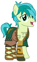 Size: 1500x2497 | Tagged: safe, alternate version, artist:sketchmcreations, imported from derpibooru, sandbar, earth pony, pony, bracelet, clothes, corrupted, jewelry, link, male, open mouth, sandals, simple background, smiling, solo, teenager, the legend of zelda, the legend of zelda: breath of the wild, the legend of zelda: tears of the kingdom, toga, transparent background, tunic, vector