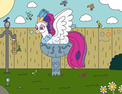 Size: 3087x2383 | Tagged: safe, artist:supahdonarudo, imported from derpibooru, queen novo, bird, classical hippogriff, hippogriff, my little pony: the movie, behaving like a bird, bird bath, birds doing bird things, cloud, female, fence, flower, hippogriffs doing bird things, if i fits i sits, plank (ed edd n eddy), redraw, scowl, sun