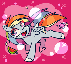 Size: 1650x1497 | Tagged: safe, artist:dewdropdodomeki, imported from derpibooru, rainbow dash, pegasus, pony, cherry blossoms, chibi, female, flower, flower blossom, food, solo, watermelon