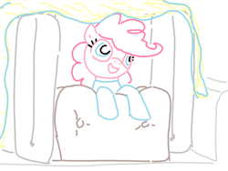 Size: 1200x900 | Tagged: safe, artist:purblehoers, imported from derpibooru, pinkie pie, earth pony, pony, clothes, female, footed sleeper, footie pajamas, mare, ms paint, onesie, pajamas, pillow, pillow fort, ponk, smiling, solo