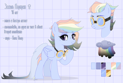 Size: 5120x3448 | Tagged: safe, artist:lissfoxz, imported from derpibooru, oc, oc only, pegasus, pony, bust, cyrillic, eyelashes, female, goggles, mare, multicolored hair, pegasus oc, rainbow hair, raised hoof, reference sheet, russian, translated in the comments, wings