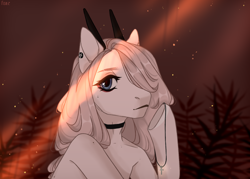 Size: 1568x1125 | Tagged: safe, artist:lissfoxz, imported from derpibooru, oc, oc only, pony, bust, choker, ear piercing, eyelashes, female, forest, horns, mare, outdoors, piercing, solo