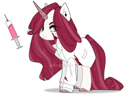 Size: 1773x1332 | Tagged: safe, artist:lissfoxz, imported from derpibooru, oc, oc only, pony, unicorn, blood, clothes, ear piercing, eyelashes, female, horn, lab coat, levitation, magic, mare, needle, nurse, piercing, simple background, smiling, solo, telekinesis, transparent background, unicorn oc