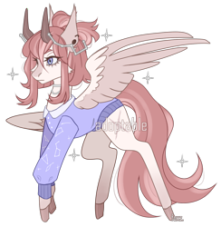 Size: 1152x1178 | Tagged: safe, artist:lissfoxz, imported from derpibooru, oc, oc only, pony, clothes, colored hooves, ear piercing, eyelashes, female, horns, mare, piercing, simple background, solo, transparent background, wings