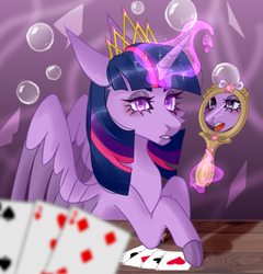 Size: 961x1000 | Tagged: safe, artist:lissfoxz, imported from derpibooru, twilight sparkle, alicorn, pony, bust, card, colored hooves, crown, eyelashes, female, glowing, glowing horn, horn, jewelry, magic, mare, mirror, playing card, reflection, regalia, solo, telekinesis, tiara, twilight sparkle (alicorn)