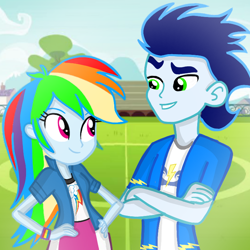 Size: 720x720 | Tagged: safe, artist:mlplary6, imported from derpibooru, rainbow dash, soarin', human, equestria girls, crossed arms, equestria girls-ified, female, looking at each other, looking at someone, male, shipping, smiling, smiling at each other, soarindash, straight, student