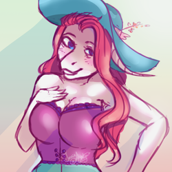 Size: 3000x3000 | Tagged: safe, artist:77jessieponygames77, imported from derpibooru, oc, oc only, anthro, earth pony, abstract background, blushing, bust, earth pony oc, female, grin, hat, smiling, solo, sun hat