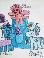 Size: 1200x1600 | Tagged: safe, artist:pipppetals03, imported from derpibooru, pinkie pie, rainbow dash, trixie, pony, friday night funkin', lined paper, traditional art, trio