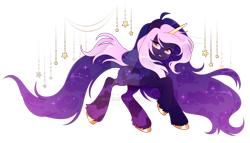 Size: 1024x586 | Tagged: safe, artist:miioko, imported from derpibooru, oc, oc only, pony, unicorn, deviantart watermark, ear fluff, ethereal mane, eyelashes, female, hoof polish, horn, mare, obtrusive watermark, raised hoof, simple background, smiling, solo, starry mane, transparent background, unicorn oc, watermark