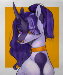 Size: 911x1080 | Tagged: safe, artist:meggychocolatka, imported from derpibooru, oc, oc only, pony, unicorn, abstract background, bust, choker, eye clipping through hair, female, horn, mare, nose piercing, nose ring, piercing, solo, unicorn oc