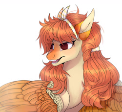 Size: 1280x1175 | Tagged: safe, artist:meggychocolatka, imported from derpibooru, oc, oc only, pegasus, pony, bust, fangs, female, hairband, mare, pegasus oc, simple background, solo, white background, wings