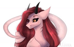 Size: 1280x824 | Tagged: safe, artist:meggychocolatka, imported from derpibooru, oc, oc only, pony, black sclera, bust, female, horns, mare, simple background, solo, white background