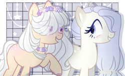 Size: 2997x1829 | Tagged: safe, artist:dillice, imported from derpibooru, oc, oc only, earth pony, pony, base used, bust, duo, earth pony oc, eye clipping through hair, eyelashes, female, floral head wreath, flower, mare, raised hoof