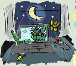Size: 625x547 | Tagged: safe, artist:neccanon, lyra heartstrings, 4chan, aggie.io, computer, dream, female, flower, fourth wall, laptop computer, mare, moon, moonlight, pretty