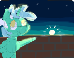 Size: 1527x1206 | Tagged: safe, artist:neccanon, lyra heartstrings, dawn, female, looking at you, looking back, looking back at you, mare, pretty, smiling, smiling at you, stars, sunrise
