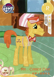 Size: 726x1029 | Tagged: safe, imported from derpibooru, carrot cake, earth pony, bowtie, card, g4, kayou, male, merchandise, my little pony logo, official, scan, solo, stallion, sugarcube corner, text, trading card