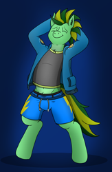 Size: 3072x4720 | Tagged: safe, artist:tacomytaco, imported from derpibooru, oc, oc only, oc:taco.m.tacoson, anthro, unguligrade anthro, belly button, briefs, clothes, eyes closed, gradient background, hoodie, male, open clothes, shirt, shorts, smiling, solo, stretching, striped underwear, two toned coat, underwear