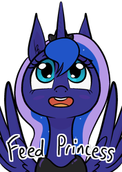Size: 1000x1414 | Tagged: safe, alternate version, artist:happy harvey, imported from derpibooru, princess luna, alicorn, pony, blushing, crown, cute, drawn on phone, ear fluff, female, jewelry, looking at you, looking up, mare, open mouth, regalia, simple background, smiling, spread wings, text, transparent background, wings