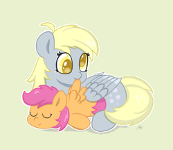 Size: 1827x1577 | Tagged: safe, artist:limitmj, imported from derpibooru, derpy hooves, scootaloo, pegasus, pony, eyes closed, grooming, preening, scootalove, simple background, smiling, wings