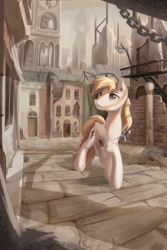 Size: 2000x3000 | Tagged: safe, artist:musical ray, imported from derpibooru, oc, oc only, pegasus, pony, detailed background, manehattan, solo, sword, wasteland, weapon