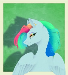 Size: 3068x3388 | Tagged: safe, artist:stormcloud-yt, imported from derpibooru, rainbow dash, oc, oc only, oc:rainbow blitz, pegasus, pony, bedroom eyes, bust, eyelashes, female, mare, multicolored hair, pegasus oc, rainbow hair, wings