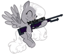 Size: 1066x920 | Tagged: safe, artist:toffeelavender, imported from derpibooru, oc, oc only, pegasus, pony, base used, eyelashes, eyes closed, female, flying, freckles, gun, jewelry, mare, necklace, pegasus oc, rifle, simple background, smiling, solo, transparent background, weapon, wings