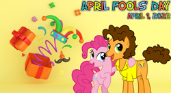 Size: 2063x1125 | Tagged: safe, artist:cloudyglow, artist:not-yet-a-brony, imported from derpibooru, cheese sandwich, pinkie pie, earth pony, pony, 2022, april, april fools, april fools 2022, boyfriend and girlfriend, cheesepie, female, husband and wife, lyrics in the description, male, mare, shipping, smile darn ya smile, smiling, song reference, stallion, straight, youtube link in the description