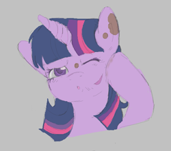 Size: 565x500 | Tagged: safe, twilight sparkle, pony, unicorn, aggie.io, dirt, dirty, female, frown, mare, one eye closed, raised hoof, simple background