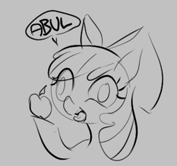 Size: 320x300 | Tagged: safe, artist:crade, apple bloom, earth pony, pony, aggie.io, apple, bow, female, filly, food, lowres, mare, monochrome, open mouth, simple background, smiling, speech bubble, talking, tongue out