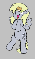 Size: 193x321 | Tagged: safe, derpy hooves, pegasus, pony, aggie.io, female, flying, food, looking up, lowres, mare, muffin, open mouth, simple background, smiling, spread wings, wings