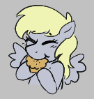 Size: 135x142 | Tagged: safe, derpy hooves, pegasus, pony, aggie.io, eating, eyes closed, female, food, lowres, mare, muffin, simple background, smiling, spread wings, wings